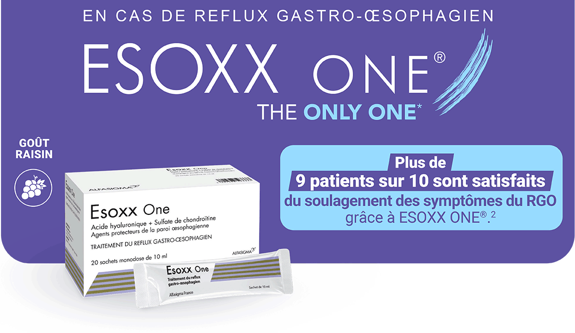 en cas de reflux gastro-œsophagien : ESOXX ONE - THE ONLY ONE* - Plus de  9 patients sur 10 sont satisfaits  du soulagement des symptômes du RGO  grâce à ESOXX ONE®.(2)